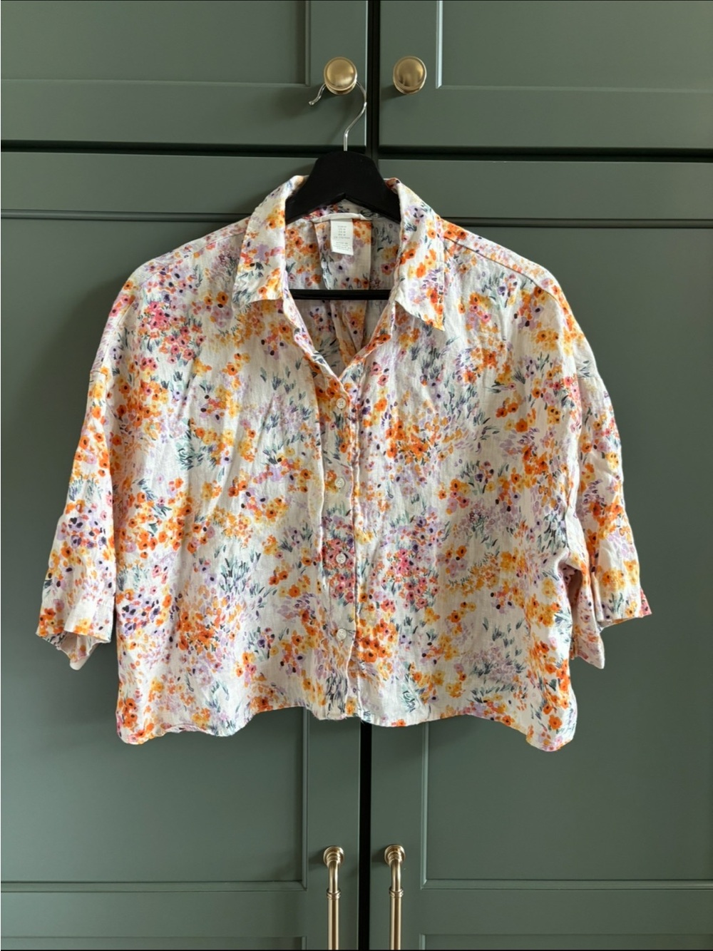 H&M Oversized 100% Linen Flower Garden,Pretty, Short & Boxy, Cropped Top, M